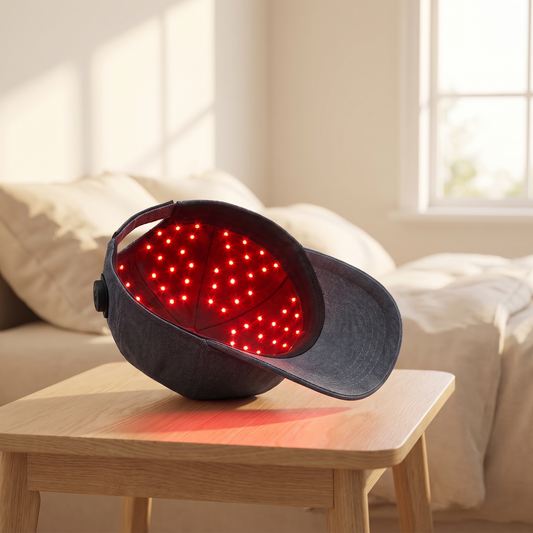 An LED scalp cap photographed against a bright porcelain backdrop, the one device in the range worn with no cable attached