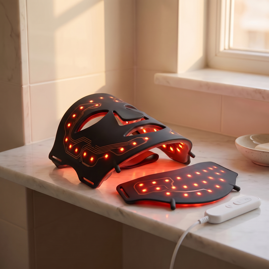 The black version of the silicone red light therapy mask, with LED tracks visible through the matte shell