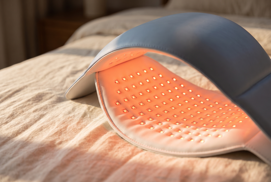 Close view of a flexible red light therapy pad LED array, showing individual beads set into the padded surface